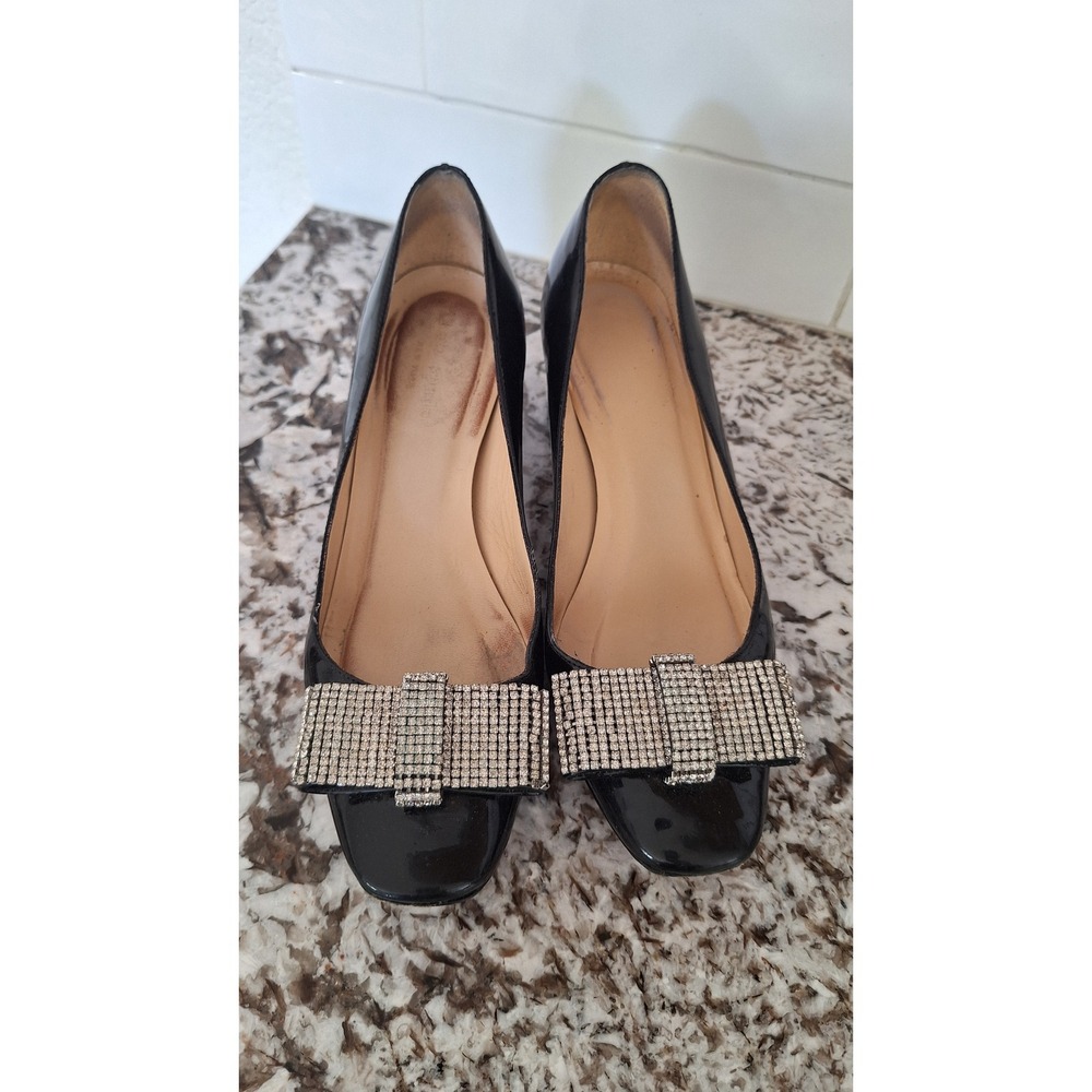 Kate Spade Black Patent Leather Rhinestone Bow Block Heel Pumps 7.5 Italy